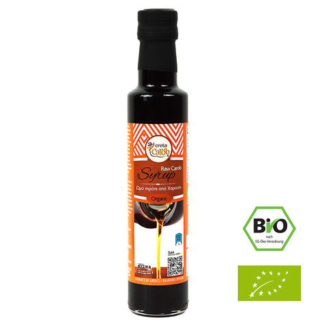 Raw Carob Sirup BIO – traditioneller Johannisbrot-Sirup von Kreta, natürliche Alternative zum Zucker, vielseitig verwendbar.